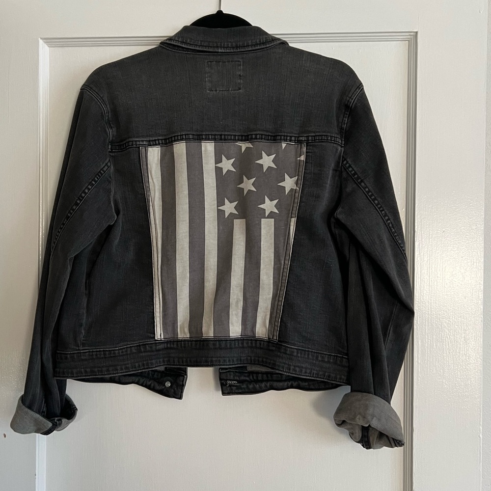 Black denim Jean jacket with American flag on the back